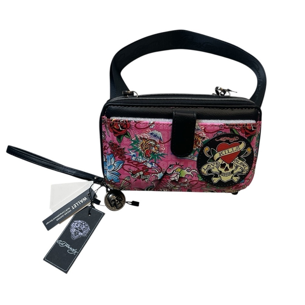 Ed Hardy Pink Y2K Zip Wallet Crossbody Pouch 
Canvas Strap new with tag